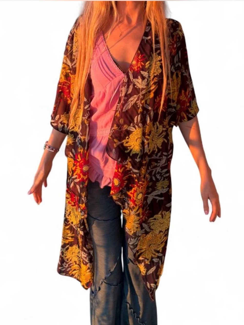 Boho summer sheer floral shabby chic kimono cardigan S - Picture 2 of 7